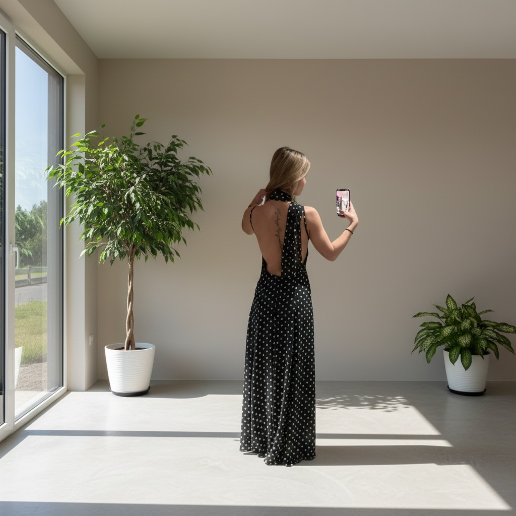 Robe longue dos nu à pois avec ceinture modulable