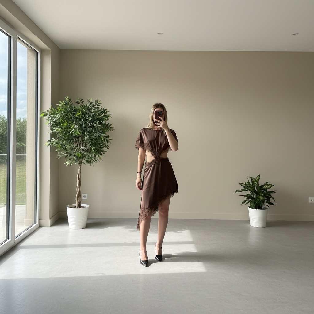 Robe marron satinée + dentelle