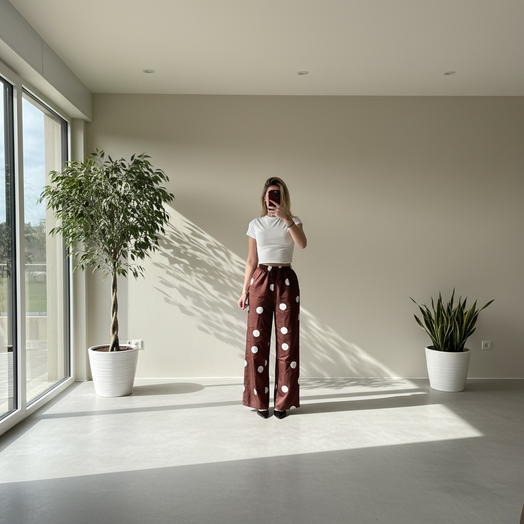 Pantalon large satiné à pois avec taille ajustable