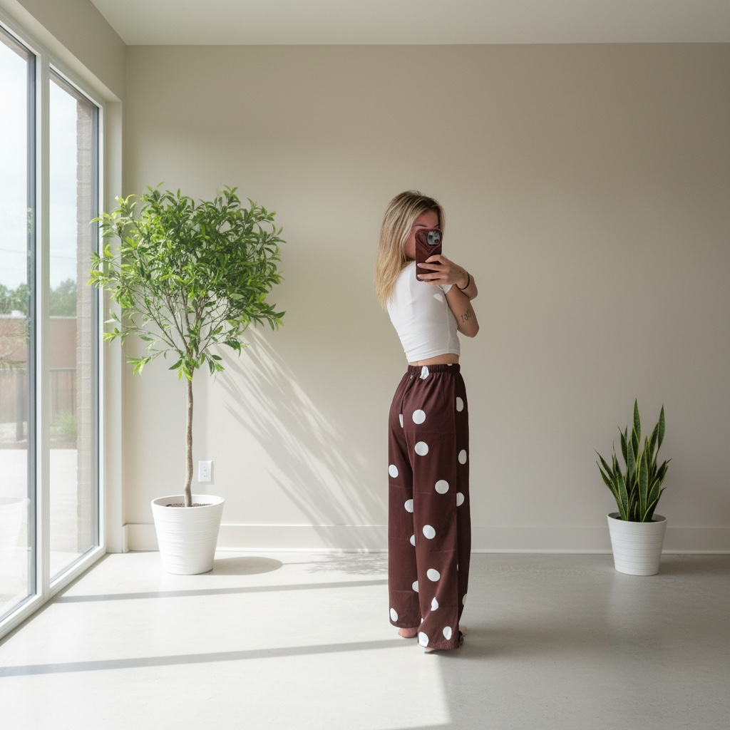 Pantalon large satiné à pois avec taille ajustable